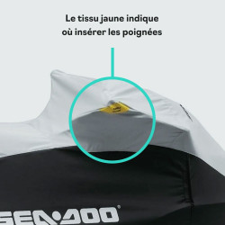 Repère jaune d'une bâche sea-doo indiquant ou insérer les poignées d'un RXT-aS
