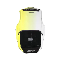 Vue arrière du gilet de sauvetage aux couleurs jaune et blanc.