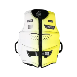 Vue avant du gilet de sauvetage aux couleurs jaune et blanc.