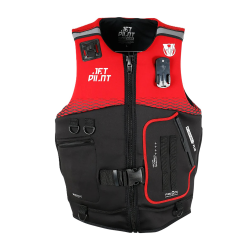 Vue frontale du gilet de sauvetage rouge et noir