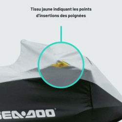 Repère jaune d'une housse sea-doo indiquant les zones d'insertions de poignées de motomarine