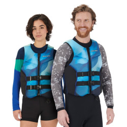 Gilet de sauvetage pour jet ski, modèle Sea-Doo Sunset édition de couleur bleu sur mannequin homme et femme