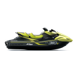Côté droit d'un Jet ski Kawasaki Ultra 310X 2026 couleur jaune neon et noir ebony sur fond blanc